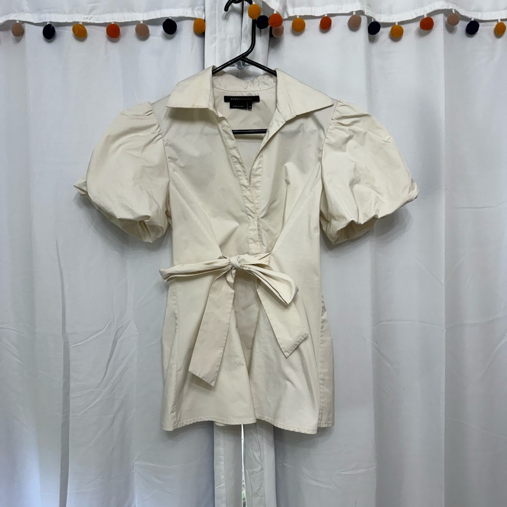 BCBG Max Azria Cream/White Puff Sleeve Top